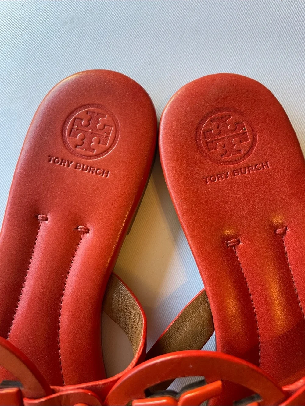 Tory Burch Women's Leather Miller Thong Sandals in Orange Coral Metal Logo